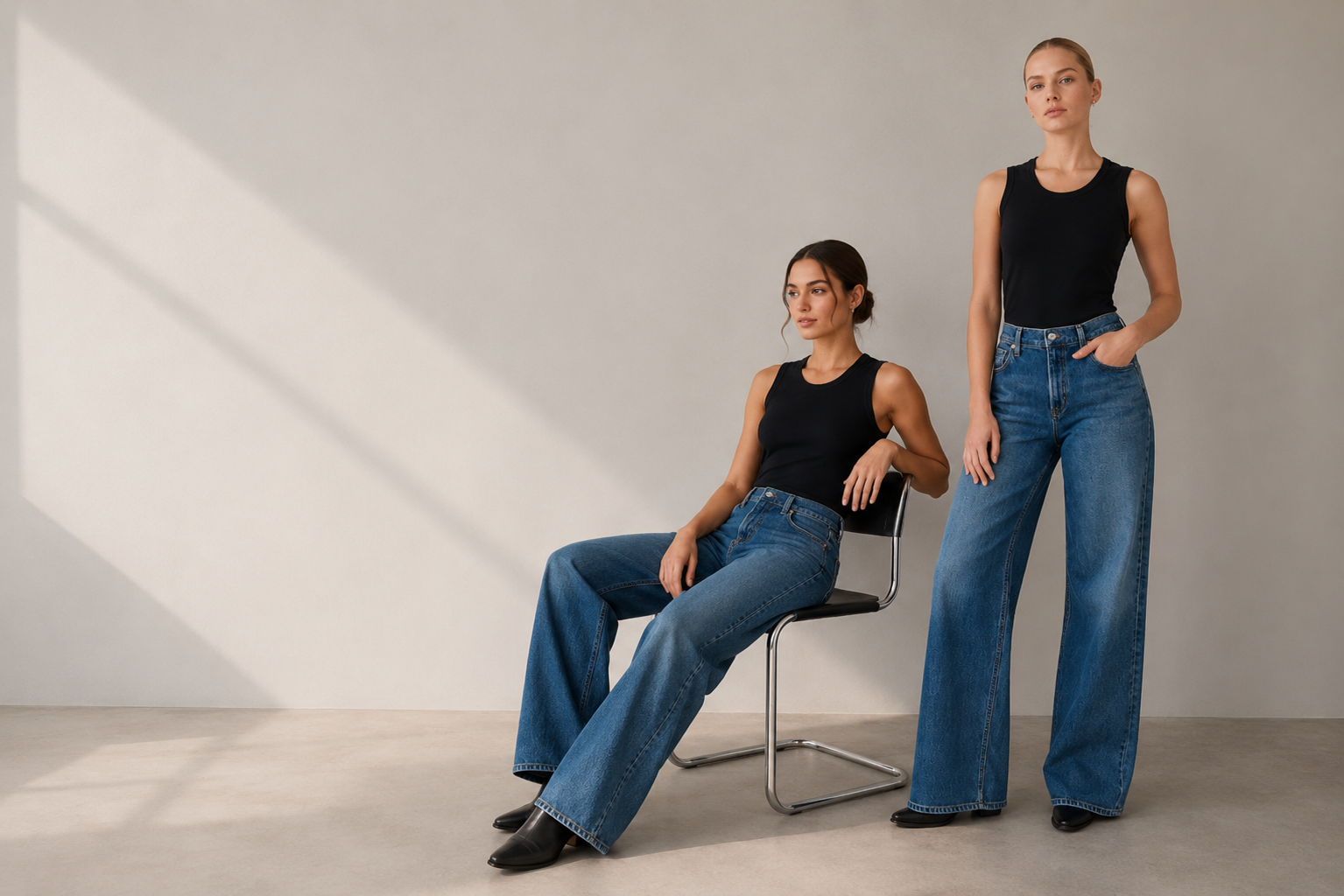 Dripify denim and black top look